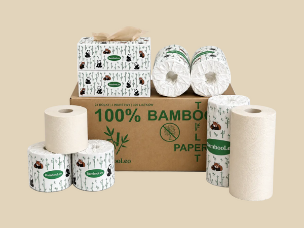 Zestaw Bambusowy - Papier Toaletowy 12 Rolek, Ręczniki Kuchenne 4 Rolki, Chusteczki 2 Opakowania